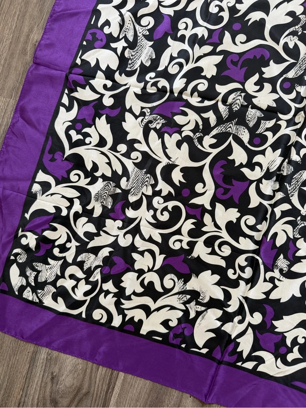 Vintage Christian Dior Silk Scarf Purple Black White Abstract Floral Vine Print